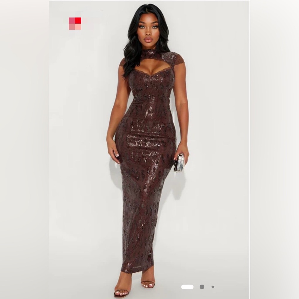 Maxi high Neck Elegant Sequin Brown Dress -Fashion Nova